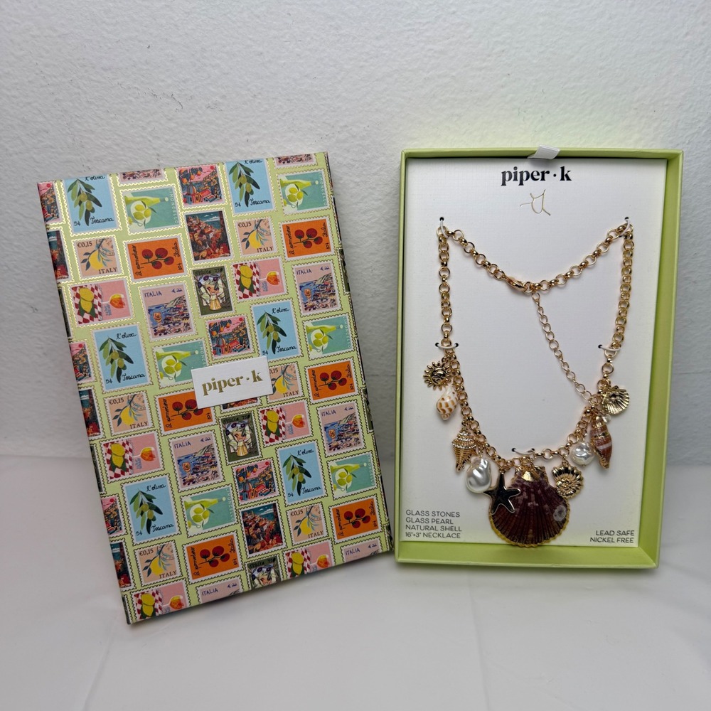 Piper K Natural Shell Glass Pearl Gold Tone Charm Necklace 16+3 Beach Coastal